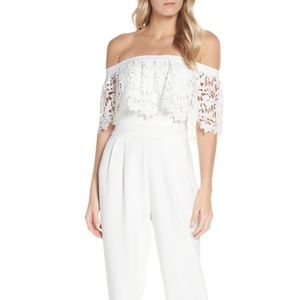 Eliza j lace off the shoulder jumpsuit